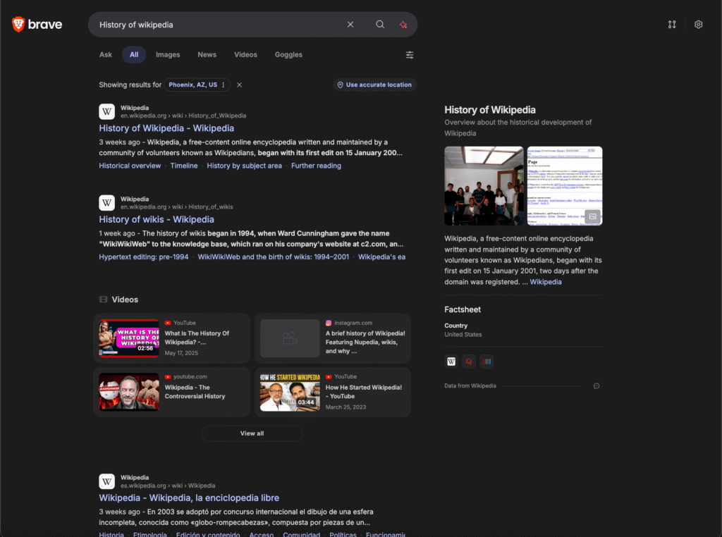 Search engine results page showing web search listings