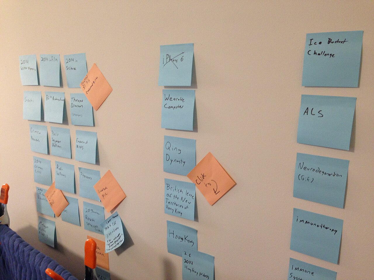 Sticky notes on a wall used to brainstorm and group ideas