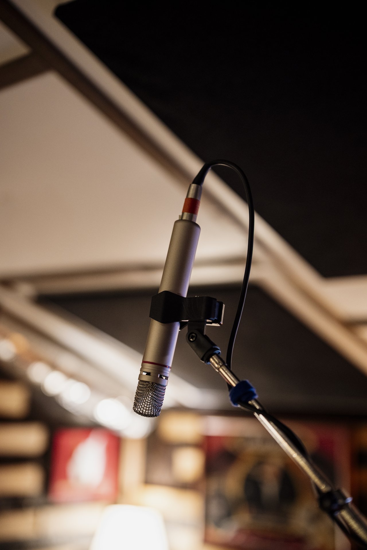 Close-up of a microphone in a recording studio