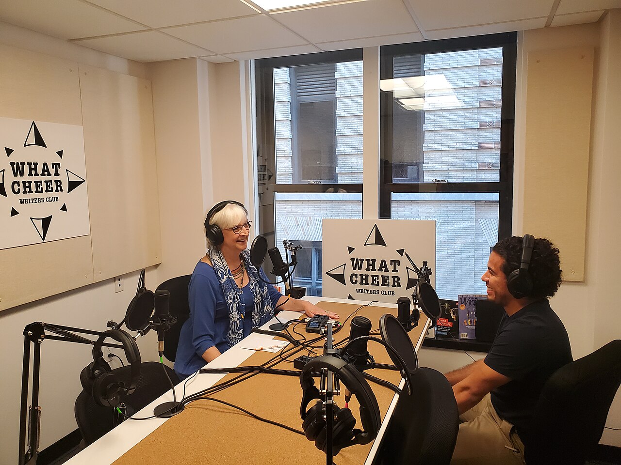 A podcast recording setup with microphones