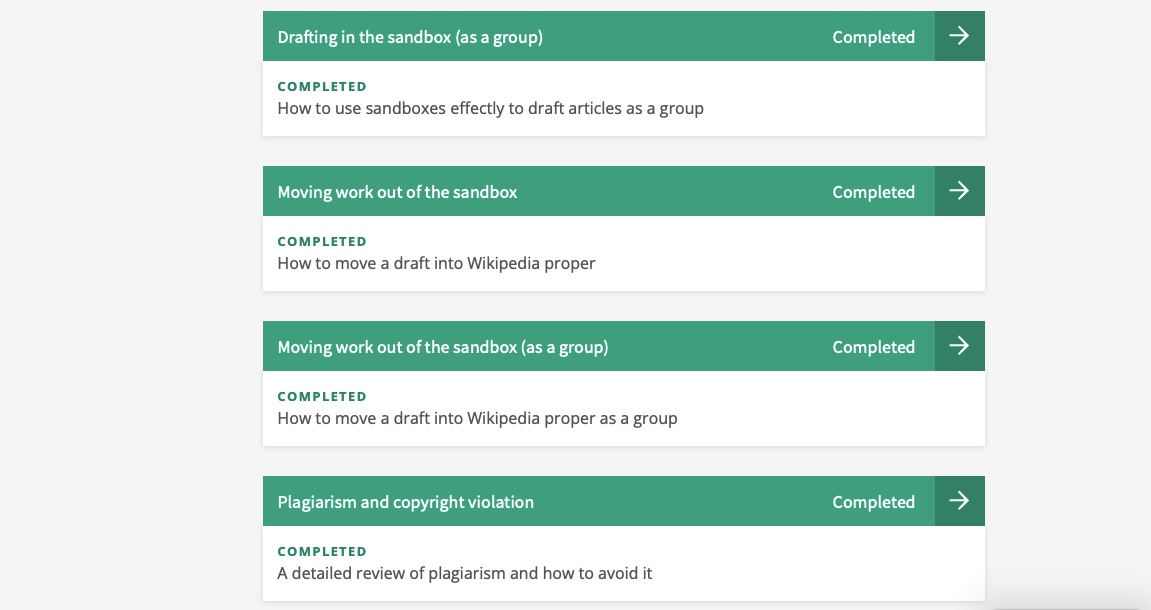 Online course dashboard showing completed training modules