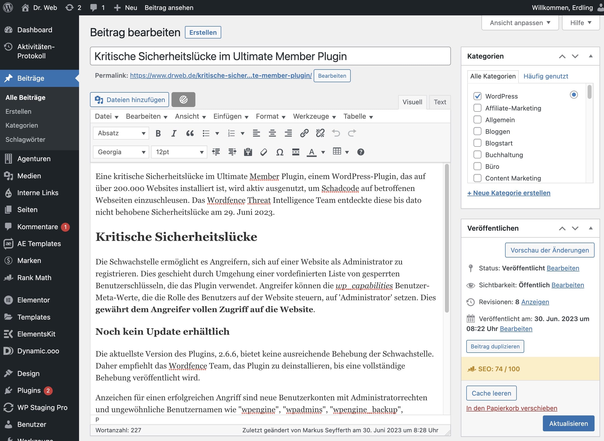 Blog post being written in the WordPress editor