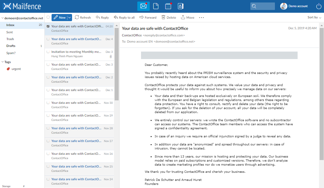 A webmail inbox screen showing a message list and reading pane